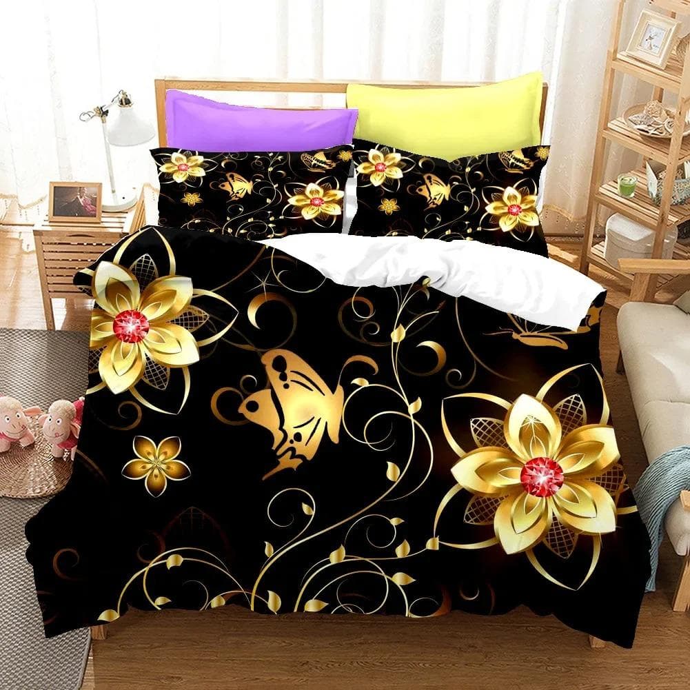 Golden Butterfly Duvet Cover Set KingQueen Size,Pretty Blue Butterfly Bedding Set Women Insect Polyester Comforter Cover 70x133cm 2pcs