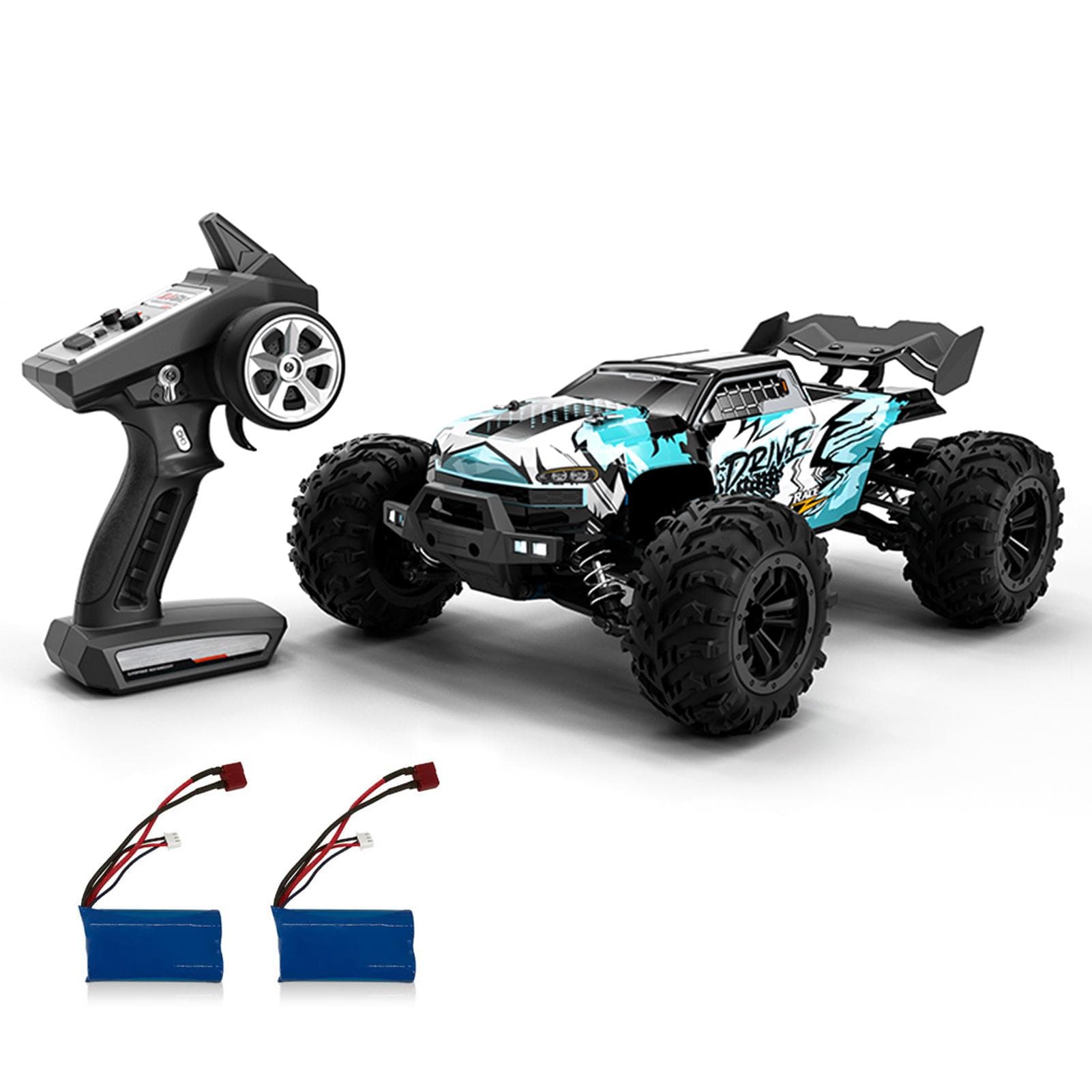 RC Car 2.4Ghz 70KM/H High Speed 1/16 Off Road RC Trucks Brushless Motor LED Light 4WD Vehicle 2 battery blue