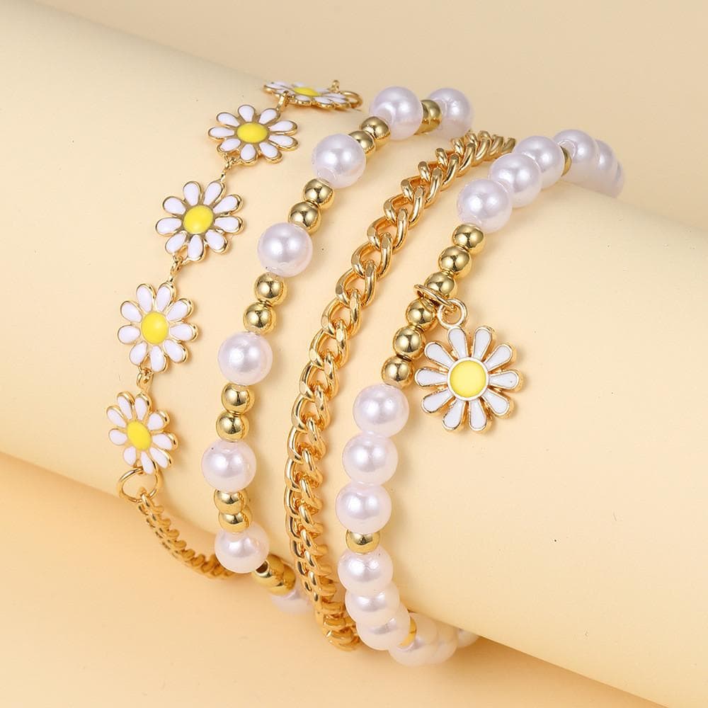 IF ME 4Pcs/set Vintage Flower Heart Bead Bracelet Set Zircon Gold Chain Bracelets for Women Jewelry Accessories 1