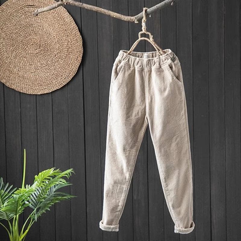 Thick and Casual Haren Pants with Added Velvet Long Pants with Corduroy, Autumn and Winter New Styles, Artistic Retro, Simple and Warm Pants for Women 4XL apricot