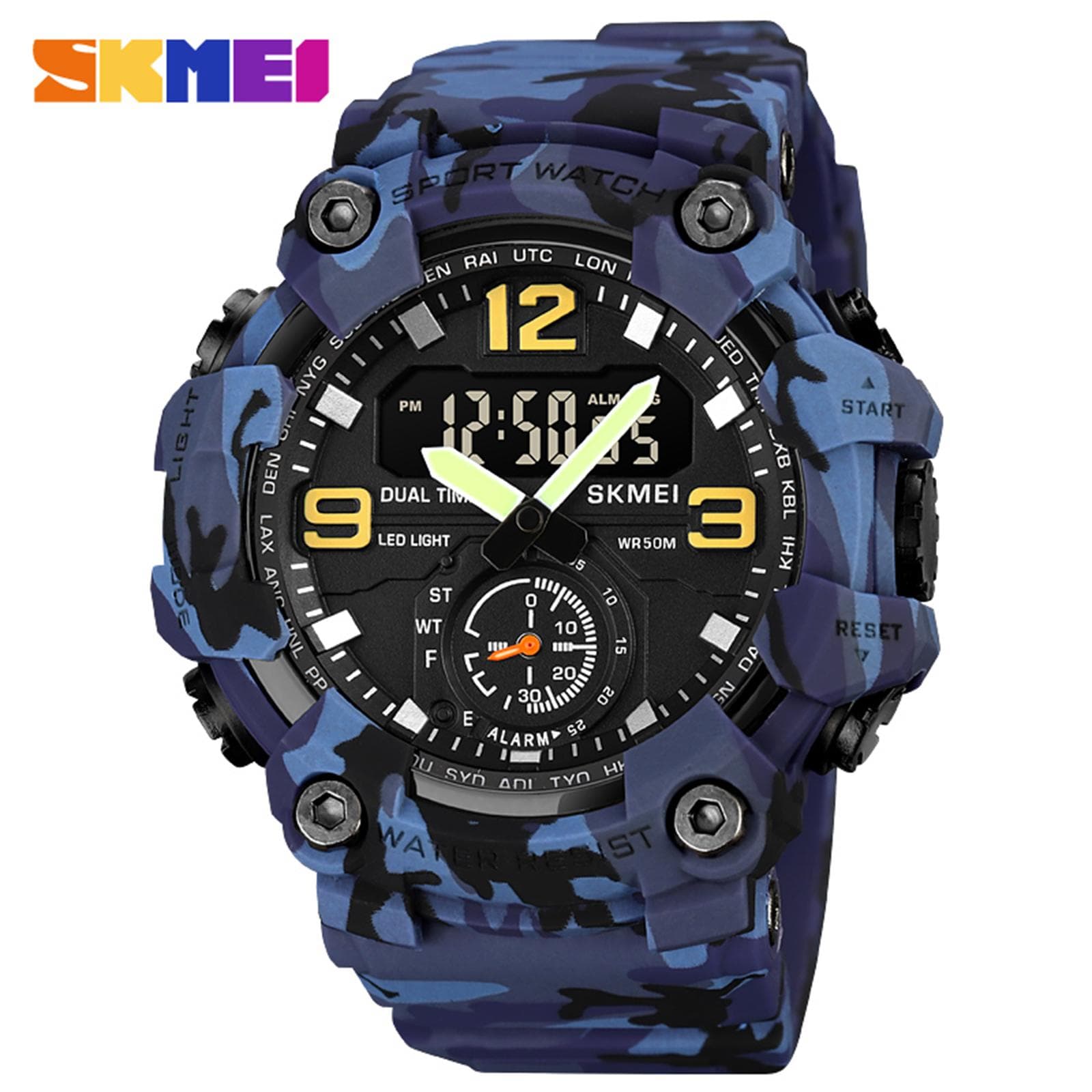 SKMEI 1965 Men Watch Professional 30M Water Resistant Double Display Double Movements GMT Time blue