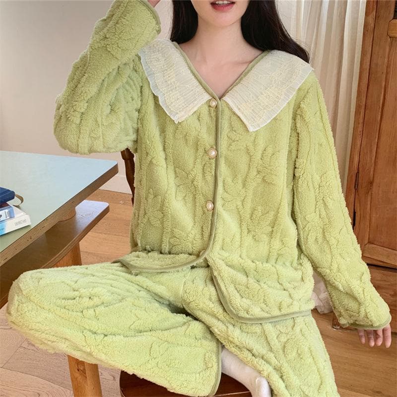 Princess Style Sweet Cute Flannel Pajamas Women Autumn and Winter Sweet Lace Edging Warmth Long Sleeved Home Wear Two-Piece Set XL green