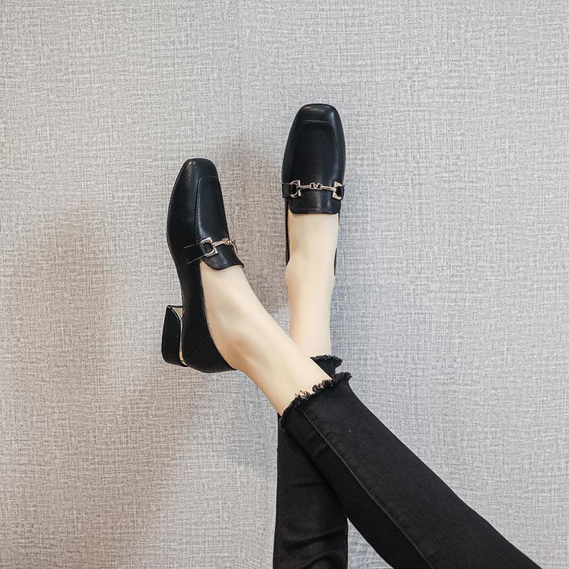 Thick Heel Single Shoes Women's Summer New Shallow Mouth Square Toe Medium Heel British Small Leather Shoes Gentle Fairy High Heels Women 41 black