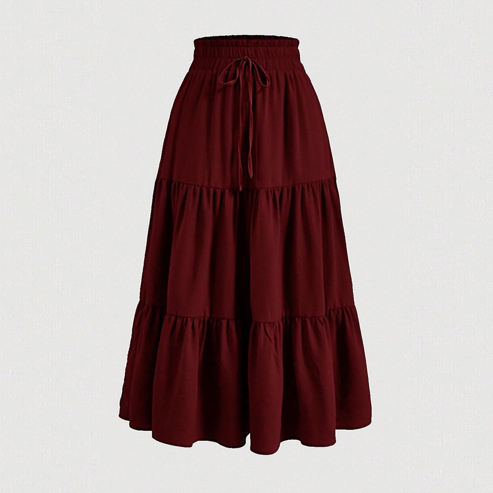 Women's Fashion Solid Color Floral Drawstring Elastic Waist Loose Long Skirt L wine