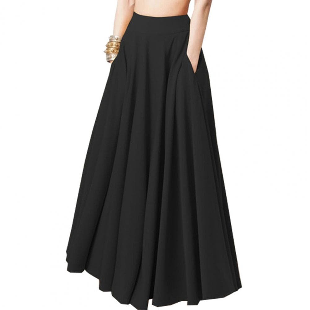Women Maxi Skirt High Waist A-Line Solid Color Skirt with Pockets Loose Fit Pleated Long Skirt Leisure Daily Wear XXL black