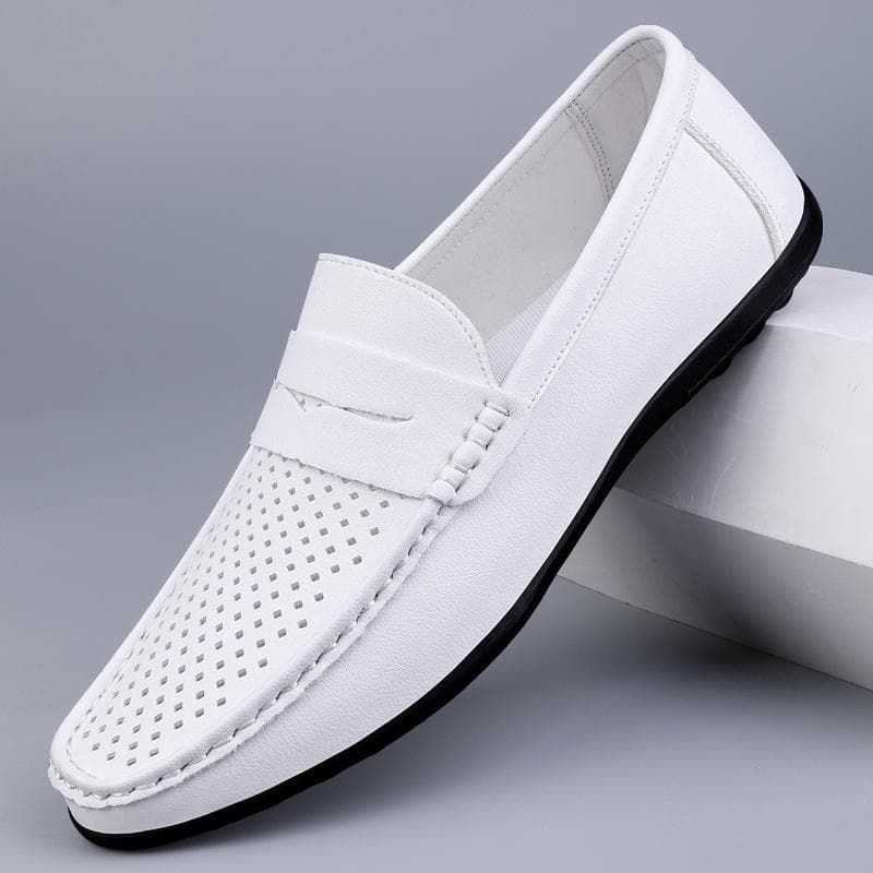 Men's Shoes Luxury Brand Business Leather Shoe Hollow Out Breathable Casual Shoes Moccasins Slip on Loafers Light Driving Shoes 44 white
