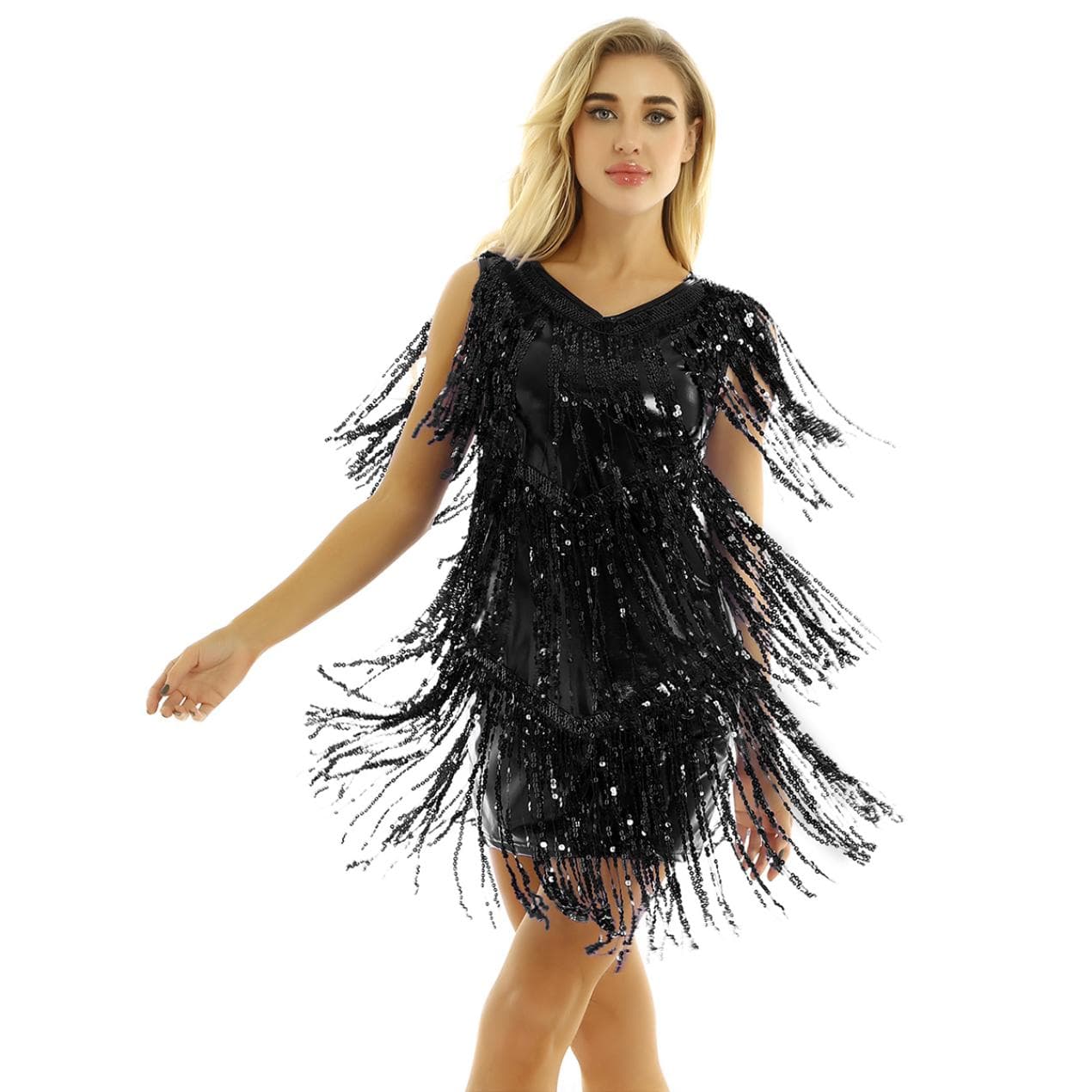 Women's Fancy Dress Dance Costume Cocktail Evening Gown Womens Clothing Summer Dresses Fringe Dresses M black