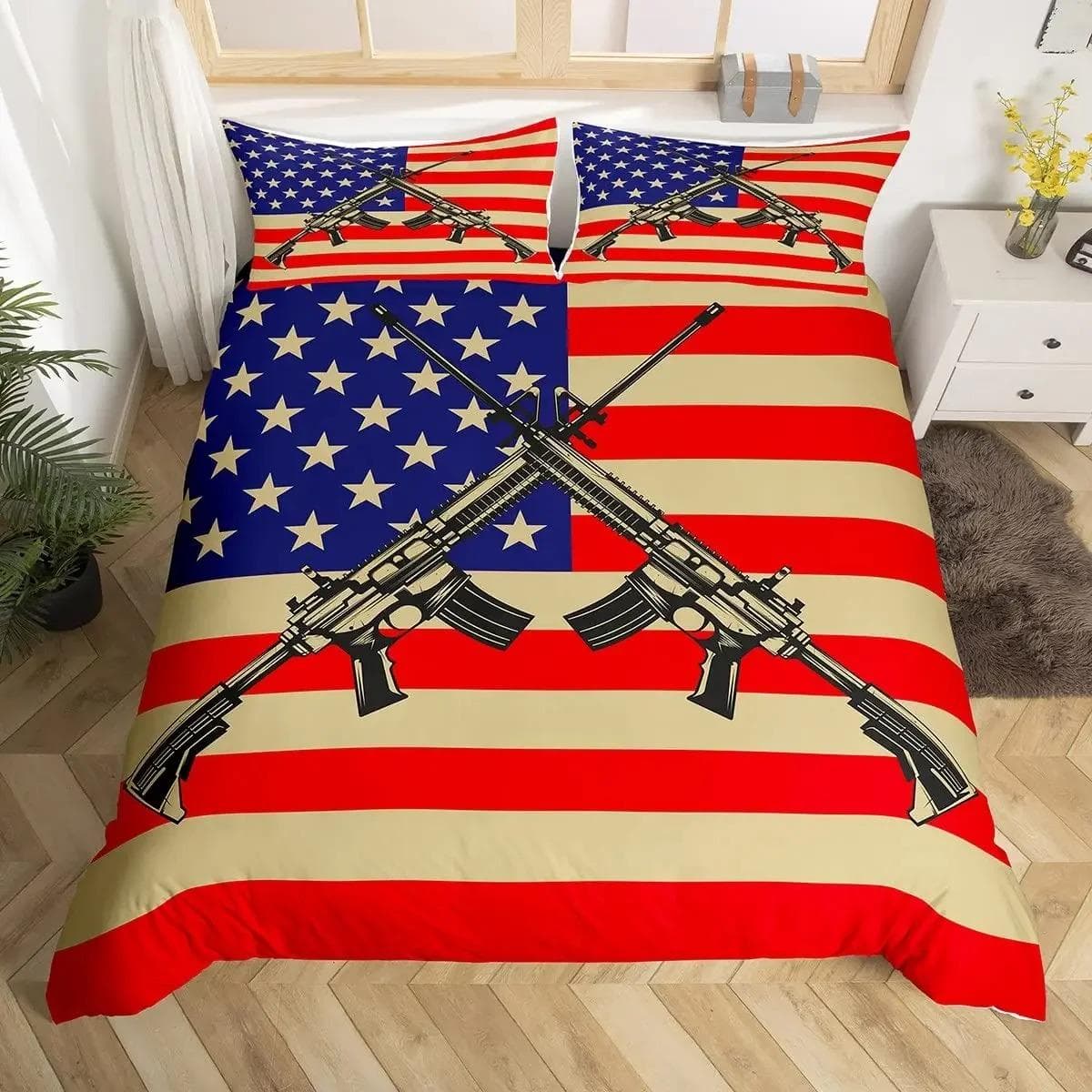 American Flag Duvet Cover Machine Gun Comforter Cover Queen King Polyester Quilt Cover USA Federations Stars Stripe Bedding Set 70x133cm 2pcs