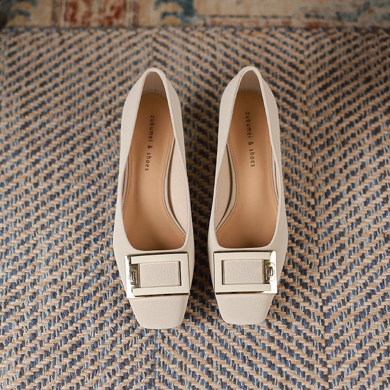 Square Toe Stiletto Heel Pumps Fairy Style Commute Work Square Buckle Shoes Women Low-Cut High Heels Women 39