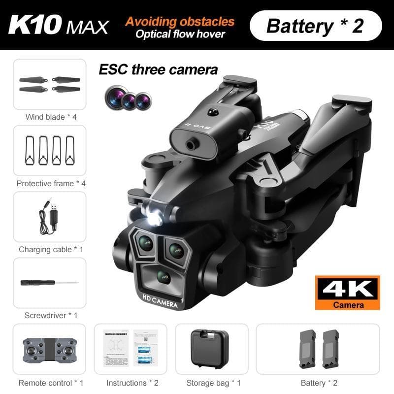 K10Max Mini Drone 8K Professional Three-camera Wide-angle GPS Four-way Obstacle Avoidance 5G Remote Control Quadcopter ECS Toy Airplane 8000M 2 battery black