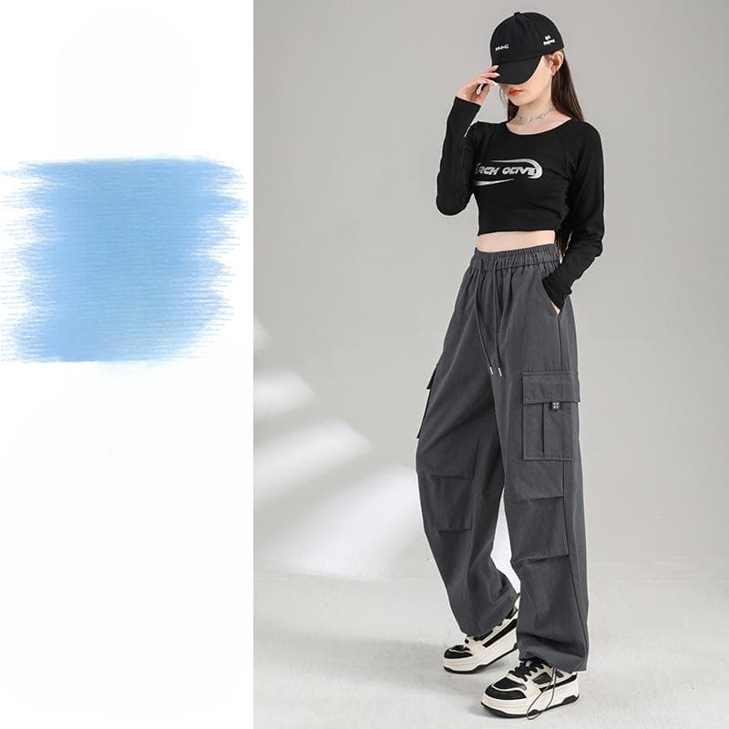 Spring Drawstring Work Pants for Women Encore Red American High Waist Straight Multi-pocket Loose Sports Casual Pants 2XL