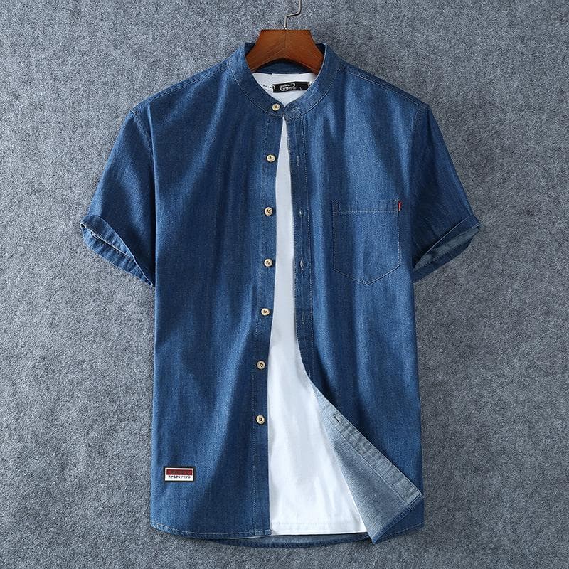 Men's Short Sleeve Denim Cotton Large Stand Collar Shirt SizeXL-8XL 8XL ultramarine blue