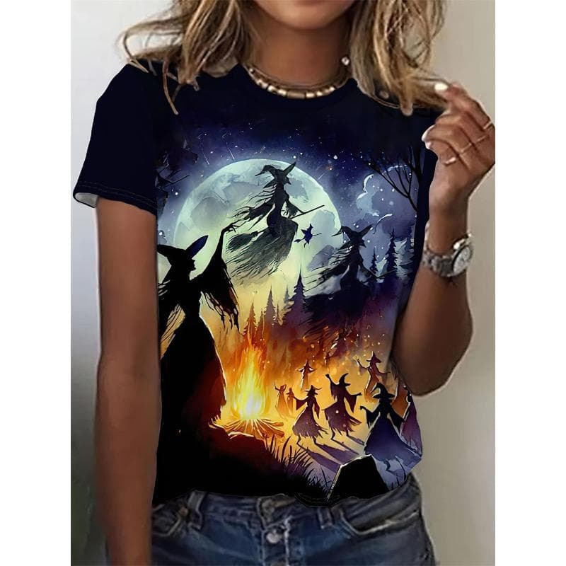 Witch Pattern Women's T-Shirts Casual Short Sleeve3d T-Shirt Fashion Top Tee O-Neck Female Clothing XL