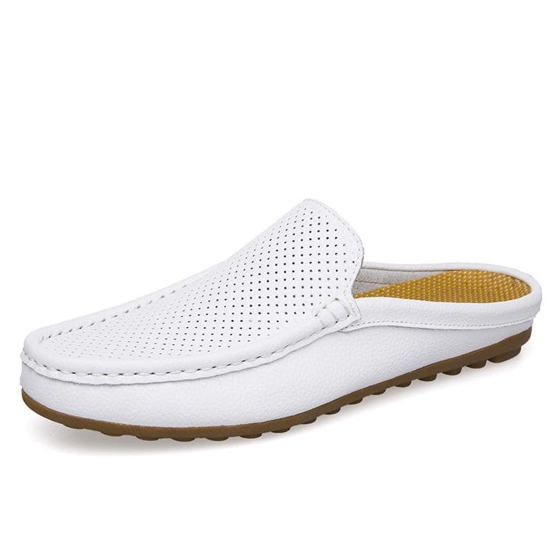 Fashion Men Half Loafers Genuine Leather Slippers Loafer Slides Breathable Man Outdoor Lightweight Half Shoes 38 white