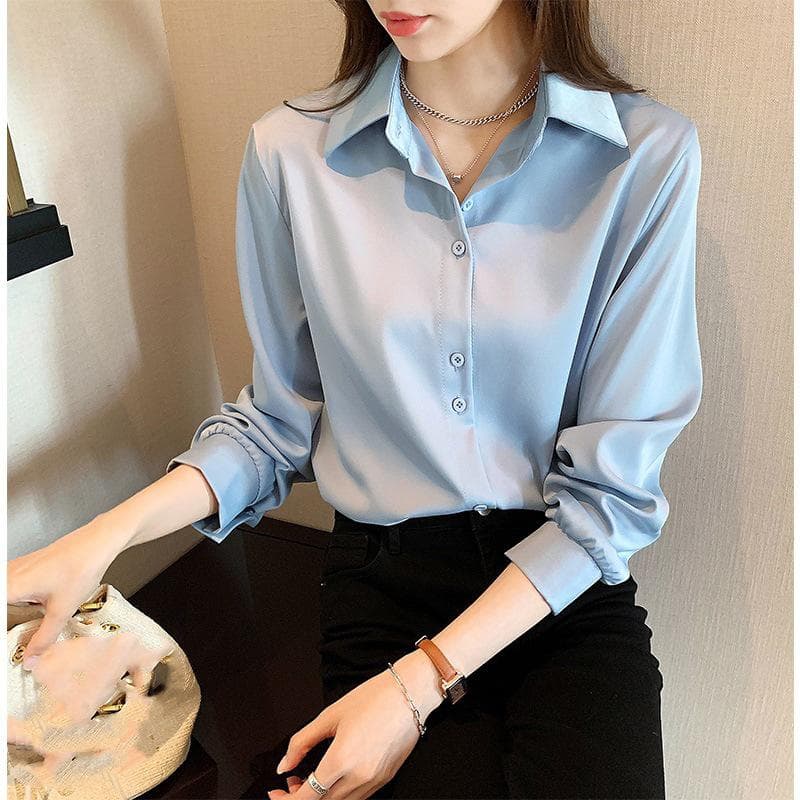 Chiffon Shirt Women's Spring and Autumn Fashion Tops Professional Temperament Draped Long-sleeved Shirt 4XL blue