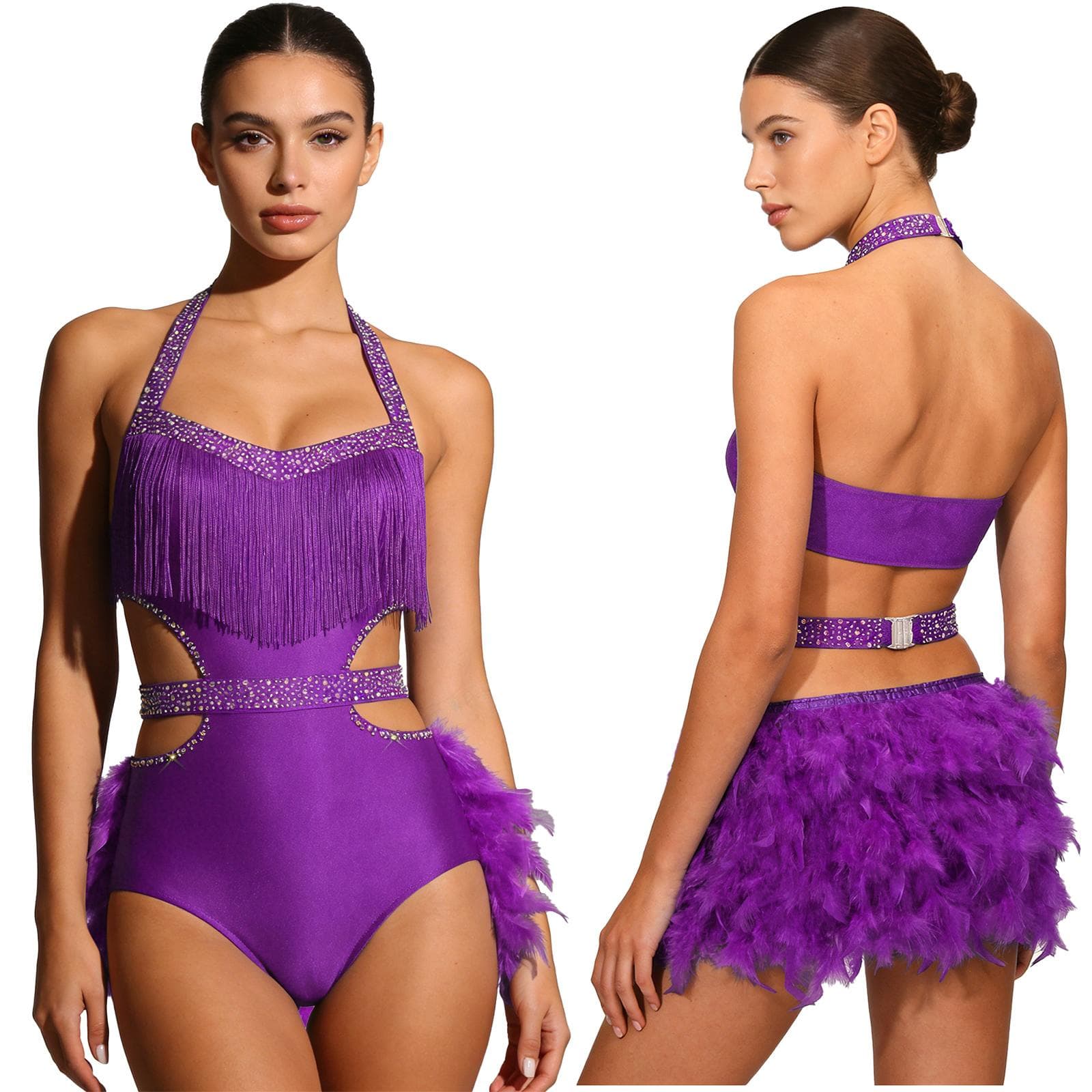 S-XXL Women's Latin Dance Competition Bodysuit: Glittery Rhinestone & Faux Feather Leotard, Halter Backless for Stage S purple