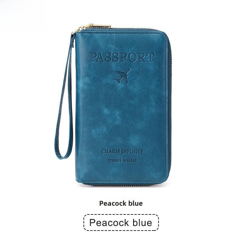 Multi-Function RFID Passport Holder and Travel Wallet with Zipper peacock blue