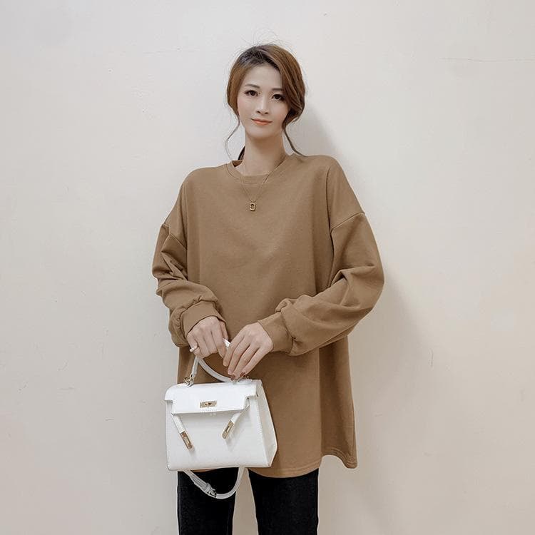 New Autumn and Winter Women's Solid Color Loose Mid-length Sweatshirt for Women Casual Cotton Top for Women L