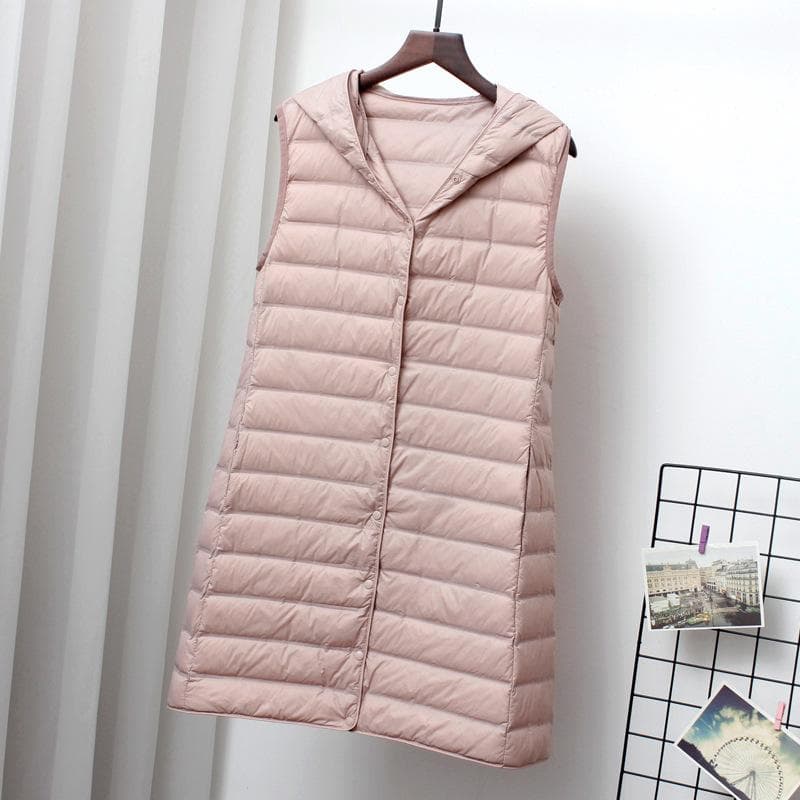Women Ultra Light Down Long Vest with Hood Casual Slim Waistcoat Duck Down Gilet Fashion S pink
