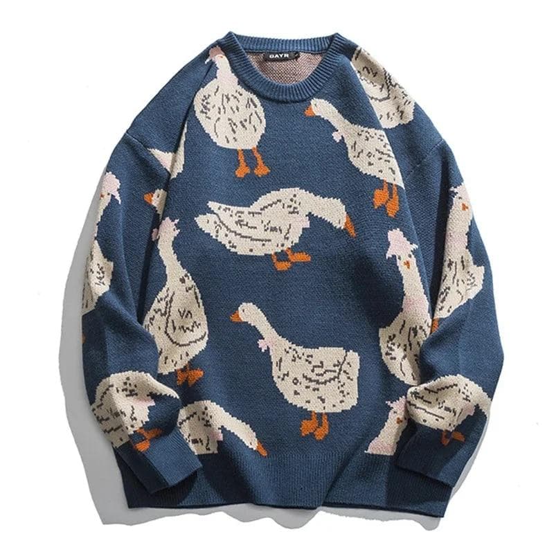 Japanese Knitted Sweater Men Cartoon Animal Duck Goose Print Pullover Harajuku Casual O-neck Oversize Top Streetwear Unisex Fall XXL blue