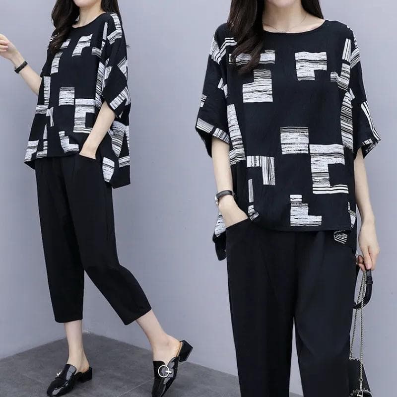 Plus Fat Plus Size Women's Suit, Short-sleeved Western Style Black and White T-shirt, Loose and Thin Two-piece Suit XL black