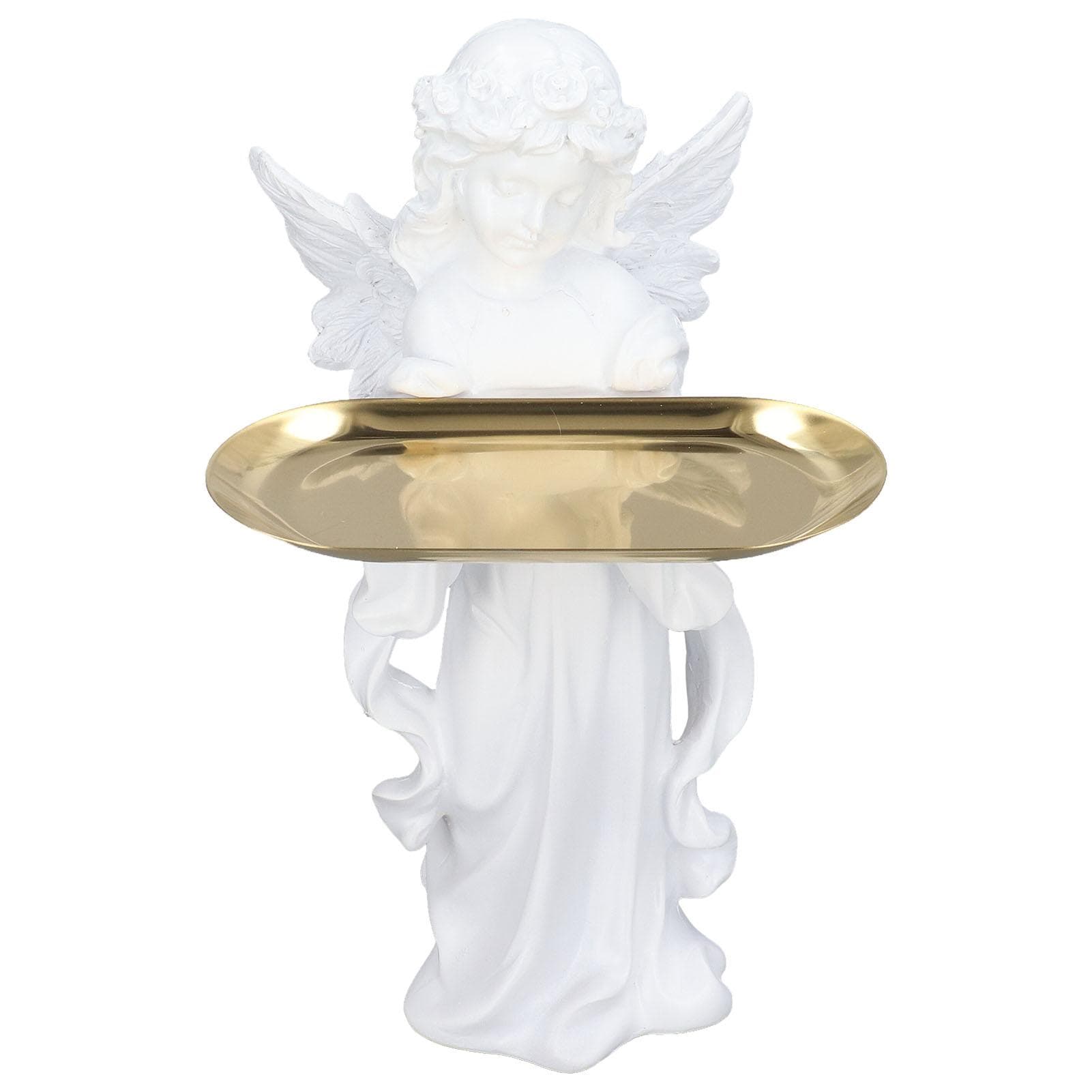 Angel Figurine Synthetic Resin Decorative Jewelry Storage Angel Sculpture with Alloy Tray for