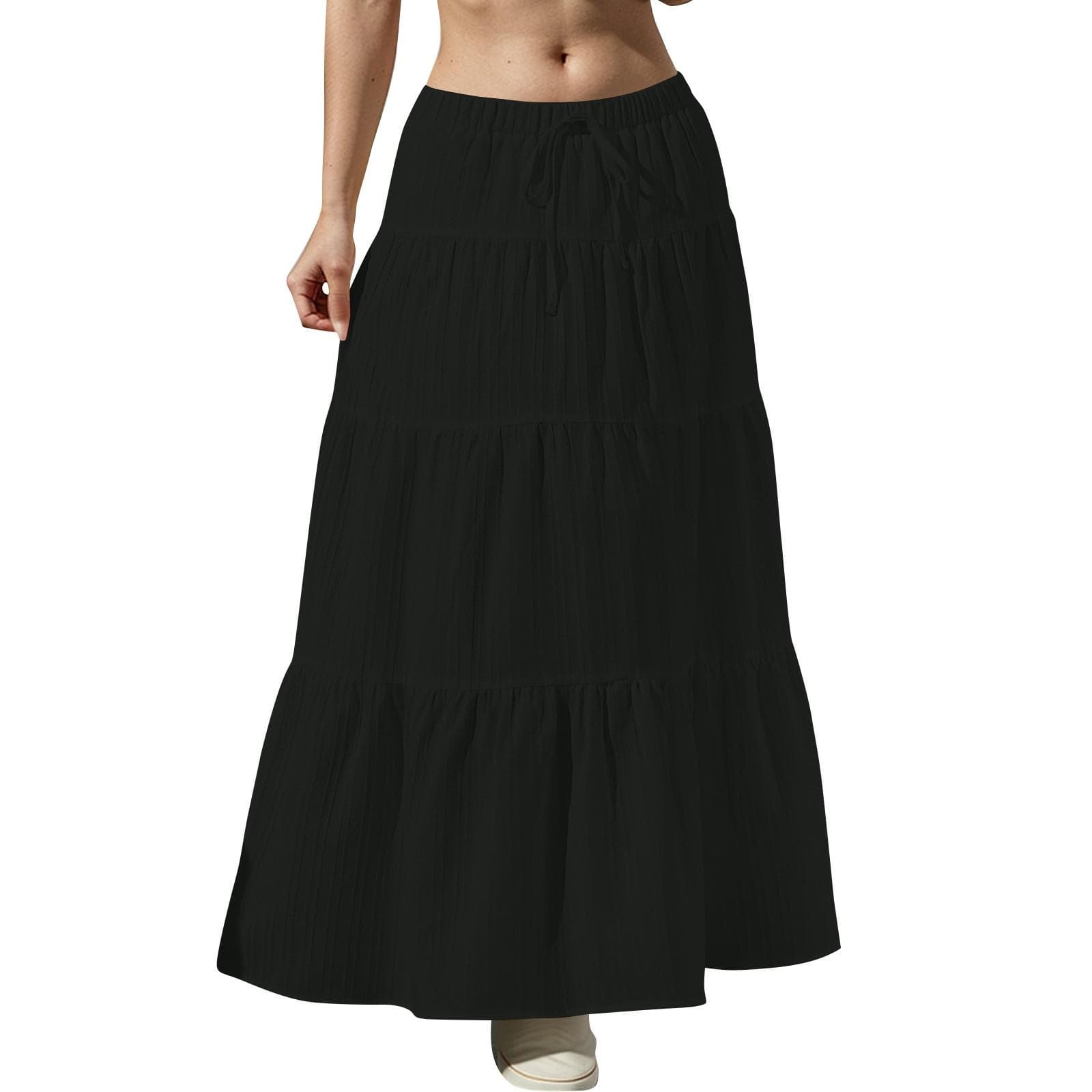 Women's Flowy Flared Ruffle Hem A Line Maxi Skirts Elastic Waist Elegant Tiered Layer Boho Long Skirts S black