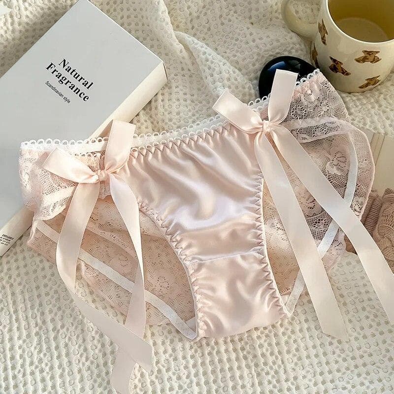 Ladies Sexy Mesh Panties Mid-waist Seamless Lace Underwear Briefs Japanese Style Young Girl Underwear Pink Bow Lingerie XL pink