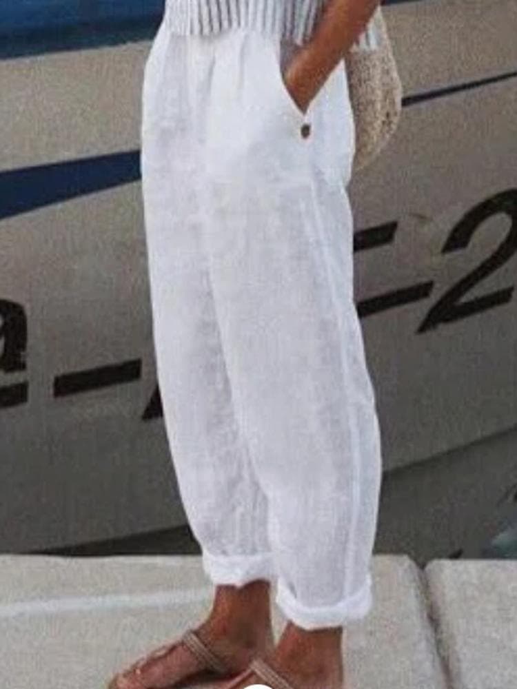 Cotton and Linen Straight Leg Pocket Casual Pants Women 2XL white