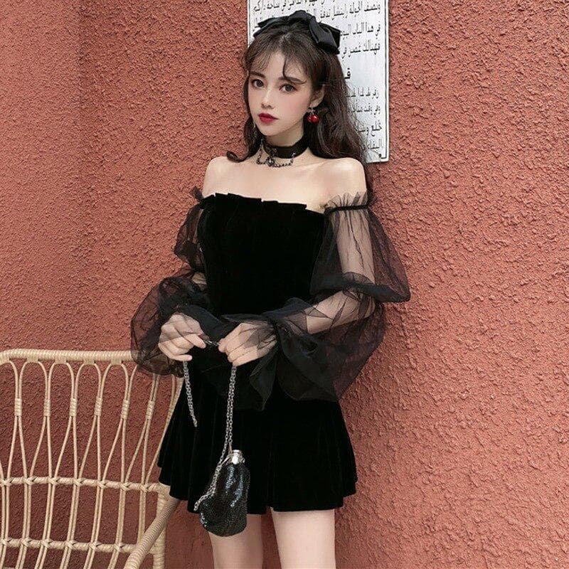 Dress Y2k Black Women Mini Skirt Sexy Lady Style Pleated Tube Top Tulle Long Sleeve Off Shoulder Summer Short Prom Dress Gothic XXL black
