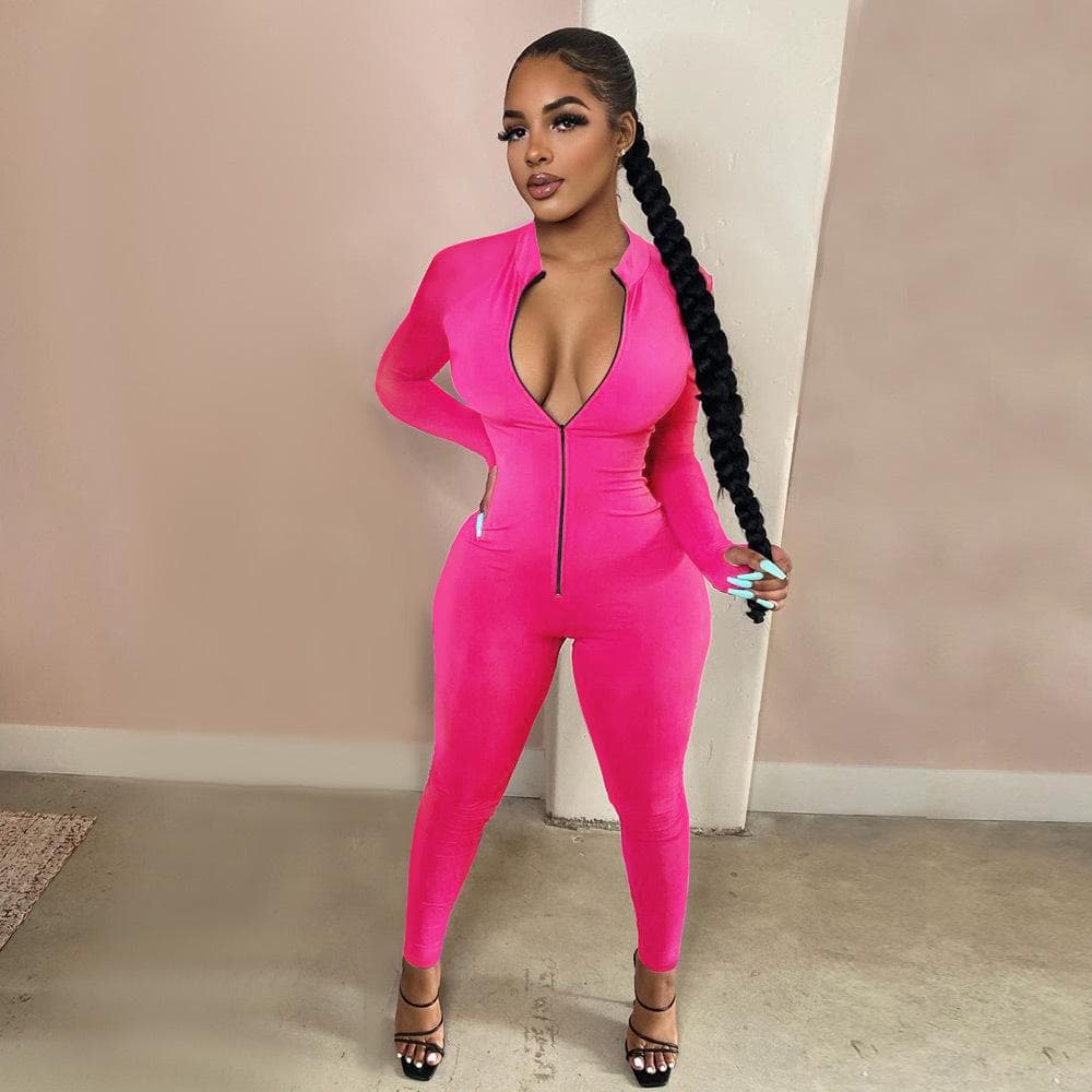 Workout Active Wear Solid Color Rompers Womens Jumpsuit Sporty Long Sleeve Fitness Clubwear Zipper Party Jumpsuits Bodycon XL