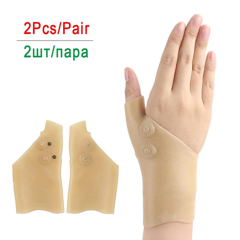 2Pcs Magnetic Therapy Wrist Hand Thumb Support Gloves Silicone Gel Arthritis Pressure Corrector Massage Pain Relief Gloves beige
