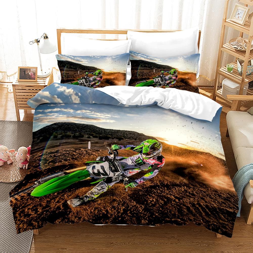 Dirt Bike Duvet Cover Set Motocross Rider Comforter Cover Motorcycle Extreme Sport Game Polyester Bedding Set For Kid Boys Teens 140x200cm 3pcs