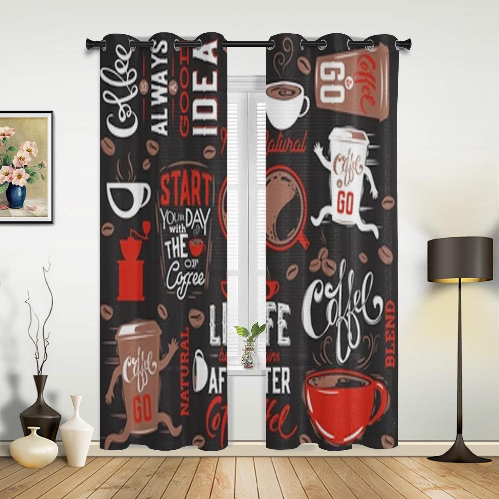 Coffee Elements Set Window Curtains For Living Room Luxury Bedroom Decor Drapes Kitchen Window Treatments Curtains 135W x 60H(cm) x1