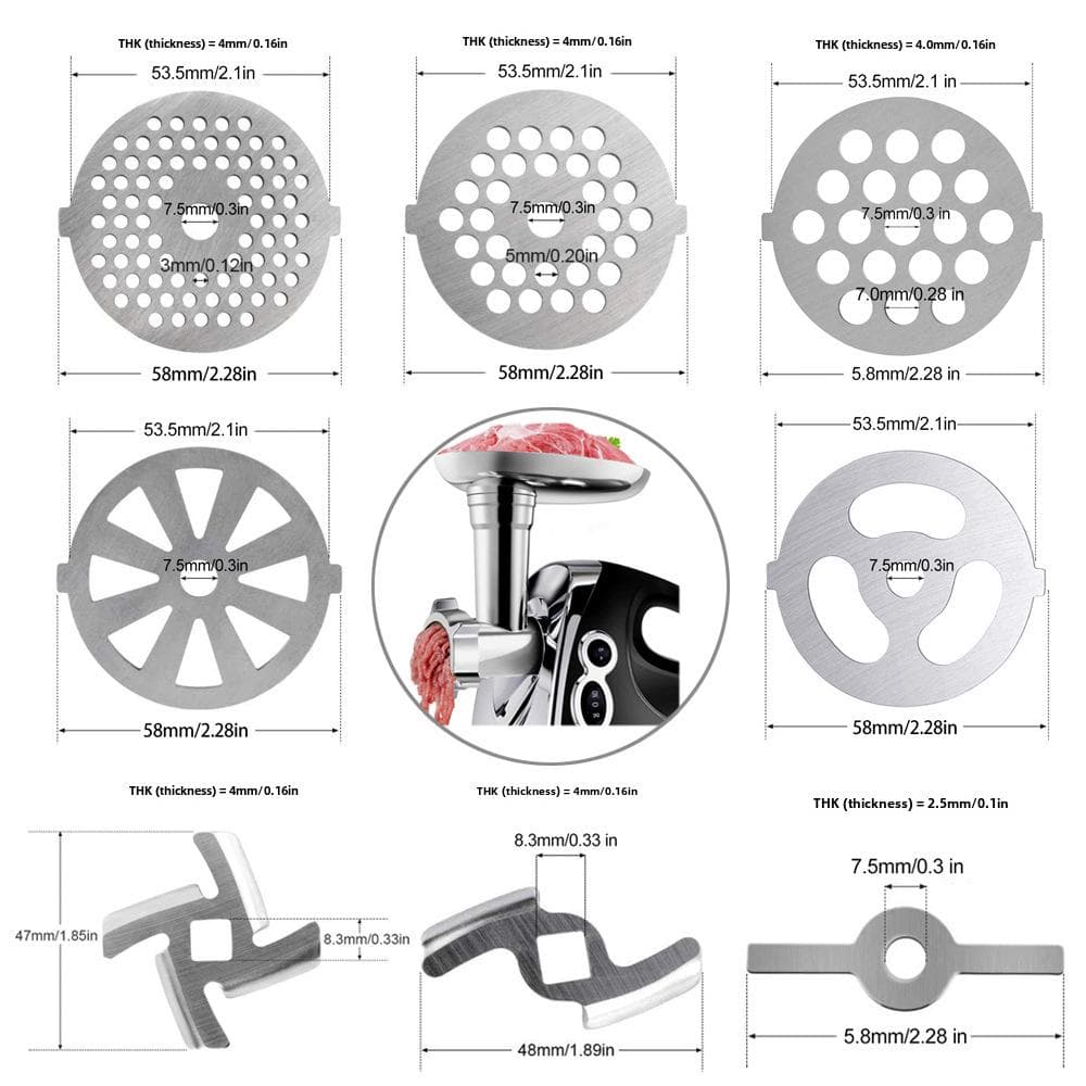 Stainless Steel Meat Grinder Accessories: Knife, Blade, Hole Plate, Sausage Stuffer, and Grinder Rod. Stainless Steel 420