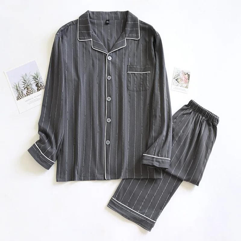 Spring and Autumn New Men's Pajamas Long-sleeved Trousers Suit 100% Cotton Knitted Striped Plus Size Home Clothes Two-piece Set XL