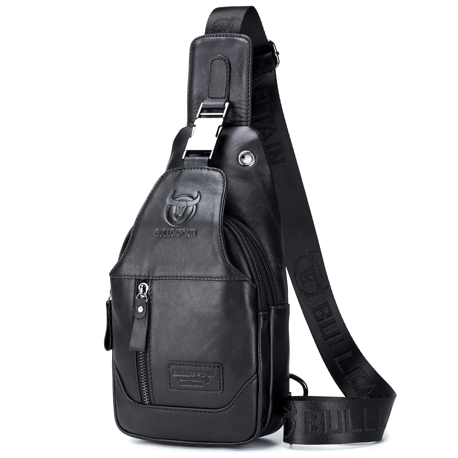 Men's Leather Sling Bag Waterproof Crossbody Pack Chest Shoulder Backpack for Hiking Cycling black