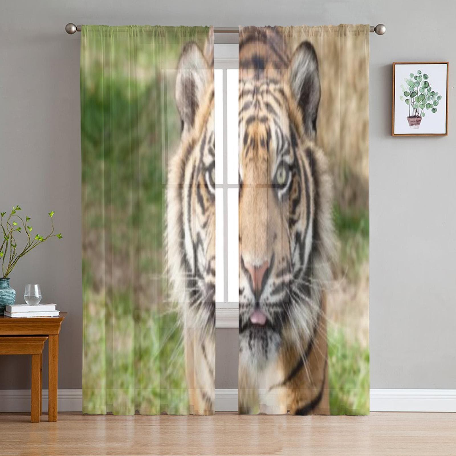 Close Up Head Shot Of Sumatran Tiger Panthera Tigris Sumatrae Tulle Sheer Curtains for Living Room Decor Voile Organza Curtain 135W x 114H(cm)