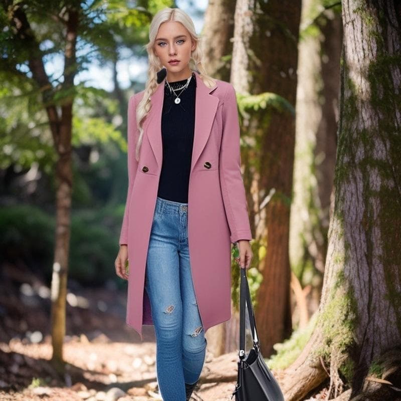 Autumn and Winter Long Woolen Women's Coat Waisted Belted Double-breasted Coat M pink