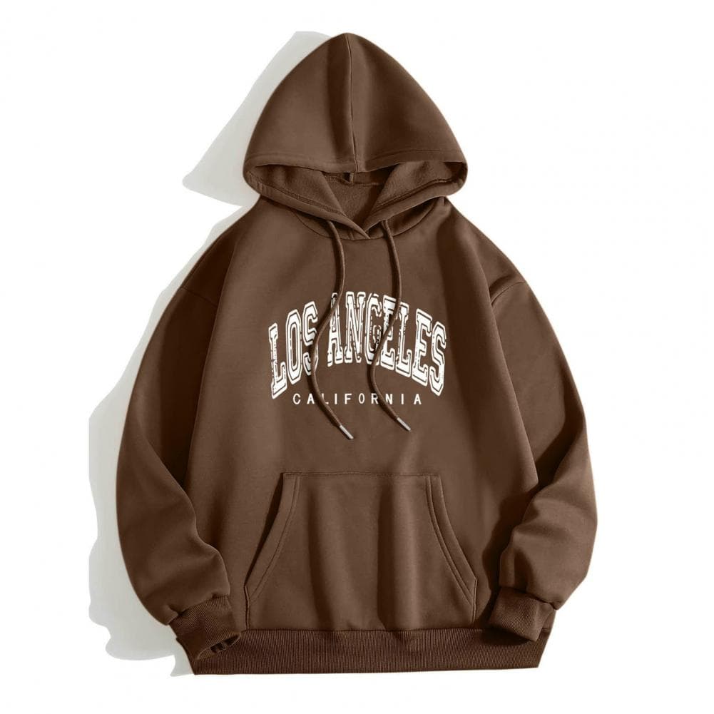 Women Autumn Spring Hoodie Letter Print Loose Hooded Drawstring Patch Pocket Long Sleeve Elastic Cuff Hip Hop Streetwear Lady Sw XXL dark brown