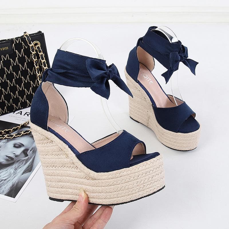 Women Wedge Sandals Female Platform Bohemia High Heel Sandals Fashion Ankle Strap Open Toe Ladies Shoes 36 navy blue