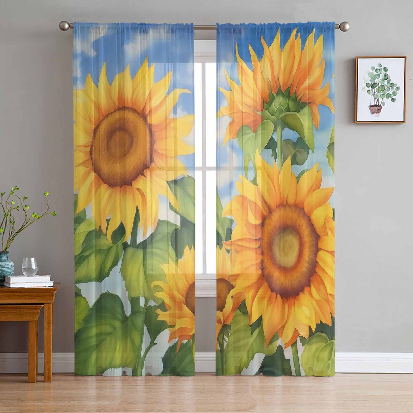 Flower Illustration Sunflowers Summer Retro Tulle Window Curtains for Bedroom Luxury Home Drapes in Living Room Chiffon Panels 135W x 114H(cm)