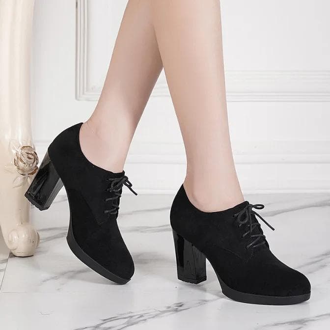 Women's High Heels Shoes Platform Bottom Black Work Shoes Woman Dress Spring Autumn Round Toe Thick Heel Big Size 43 Casual Pump 38