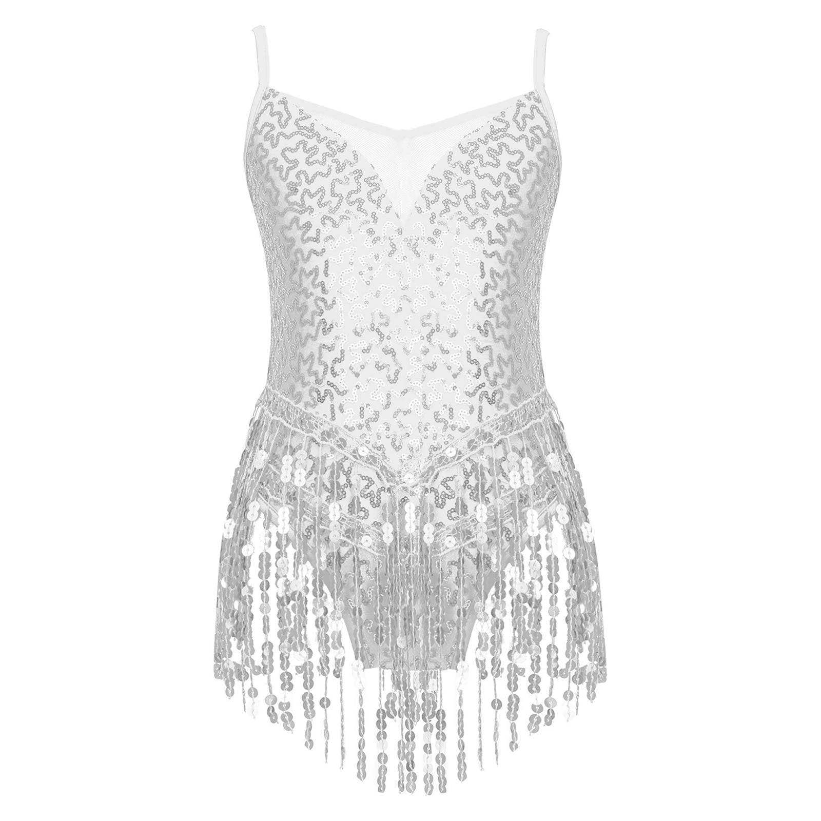 Kids Girls Latin Dance Shiny Sequin Mesh Patchwork Tassel Hem Leotards Skating 13-14 Years silver