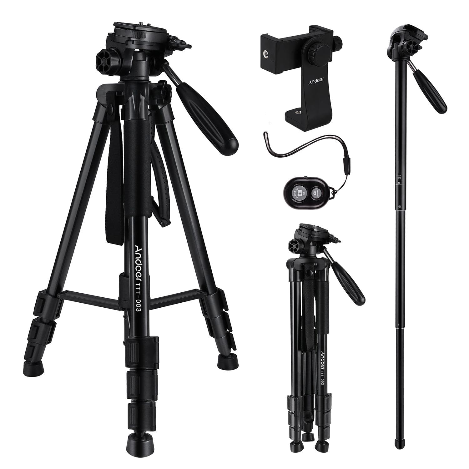 TTT-03 2-in-1 Photography Tripod Monopod Stand Aluminium Alloy 3-Way Swivel Pan Head 163cm black