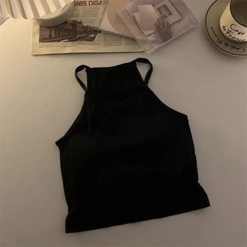 Korean Version Women Tank Tops Thread Solid Casual Fashion Crop Top with Chest Pad Stripe Sleeveless Outer Wear Basic Camisole One Size black