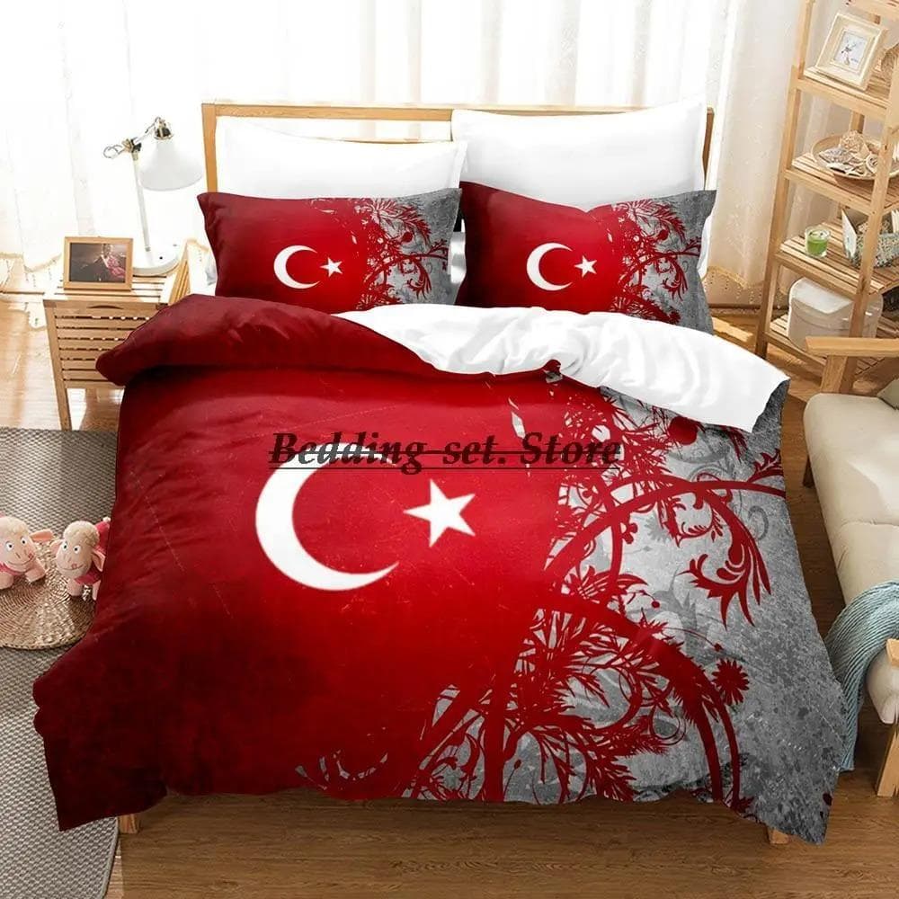 Turkey Flag Bedding Set Single Twin Full Queen King Size Bed Set Aldult Kid Bedroom Duvetcover Sets 3D Print Anime Bed Sheet Set AU Queen 210x210cm