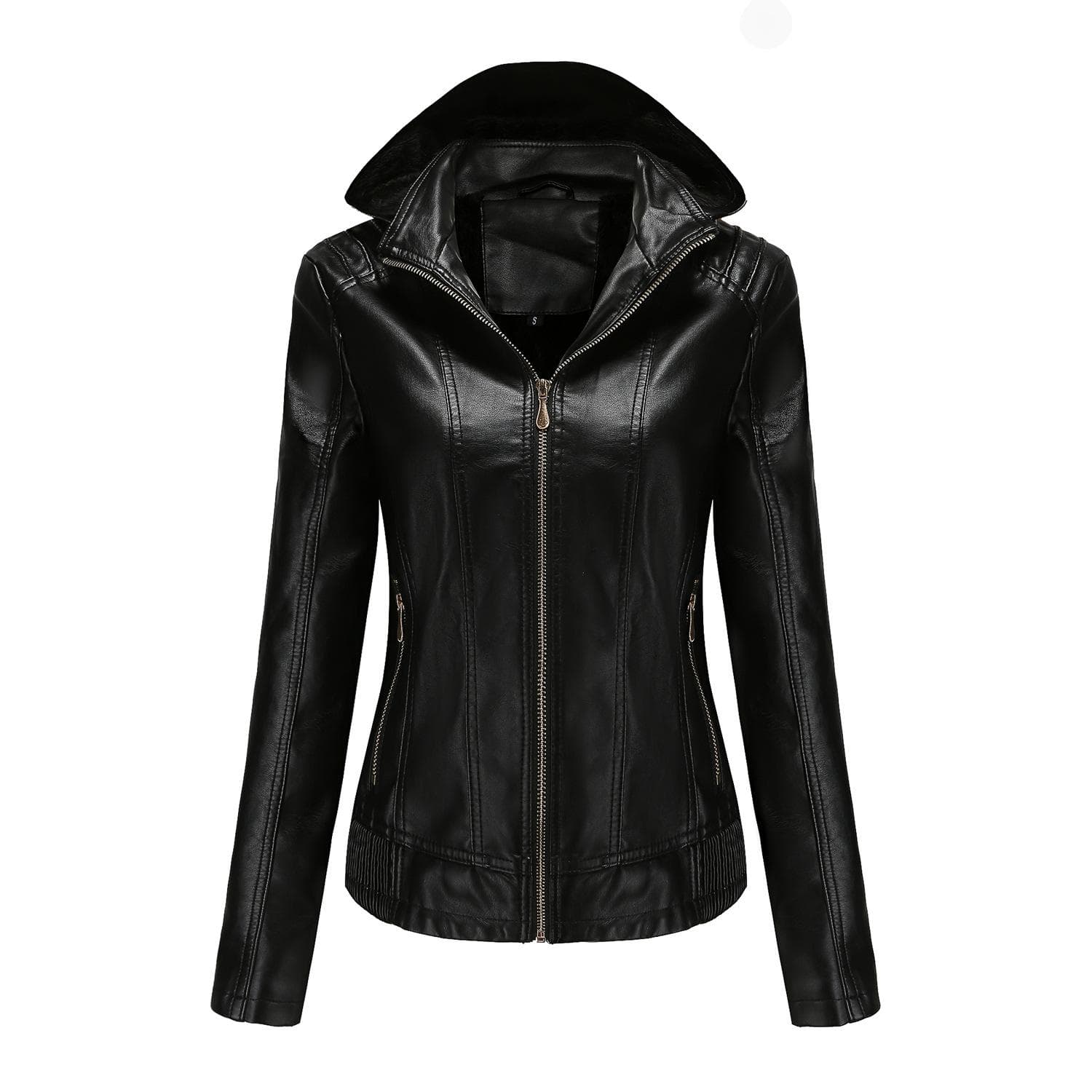Autumn and Winter Hooded Leather Jacket for Women with Detachable Hood, Zipper, Long Sleeves, Fleece Leather Jacket, European Size Slim Coat S