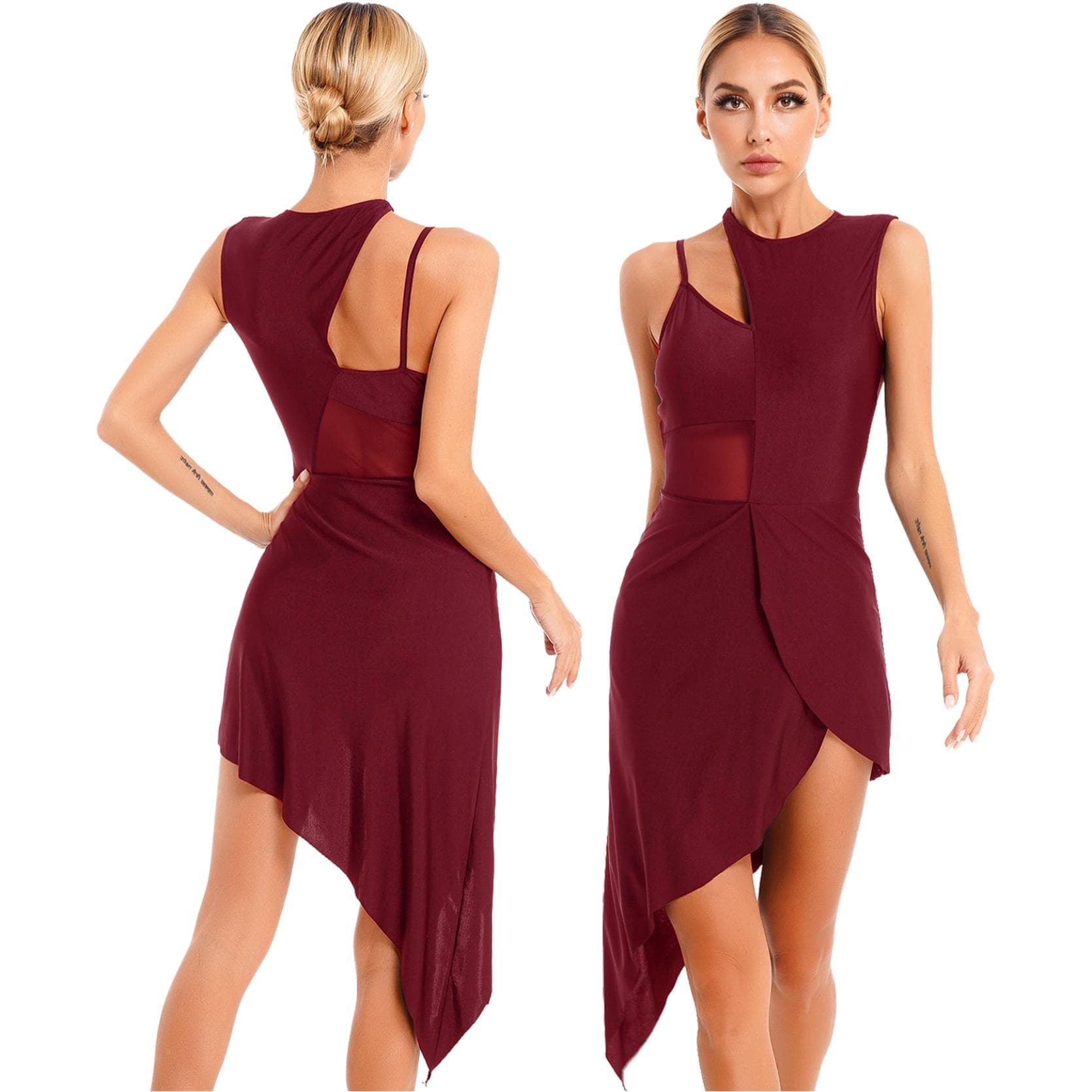 Women's Figure Ice Skating Dress Mesh Overlay Built-in Leotard Asymmetrical Tulle Dance Costume burgundy