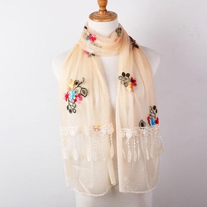 Embroidered Silk Scarf, Women's Long Embroidered Scarf, Double-layer Mesh, Summer Versatile Shawl beige